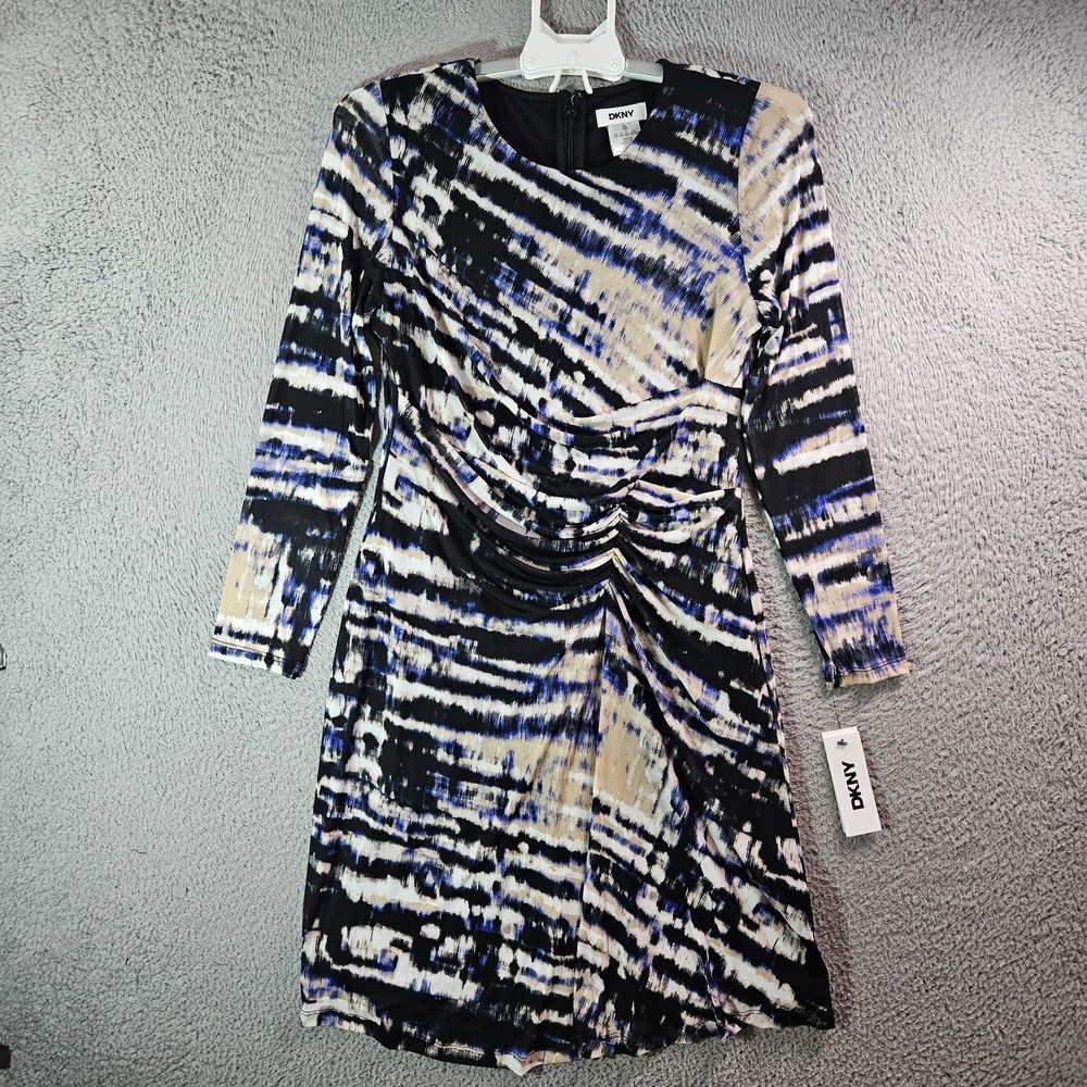 $139 NEW DKNY Midi Dress Size 12 P Petite Fitted Strech Mesh Lined Multicolor